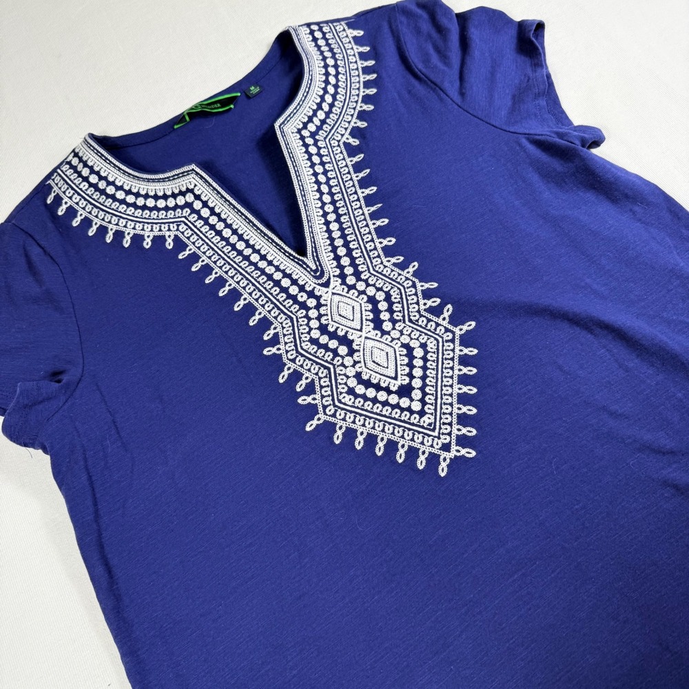 Wonder Tunic Top M Blue Embroidered Short Sleeve Cotton Stretch Boho Resort